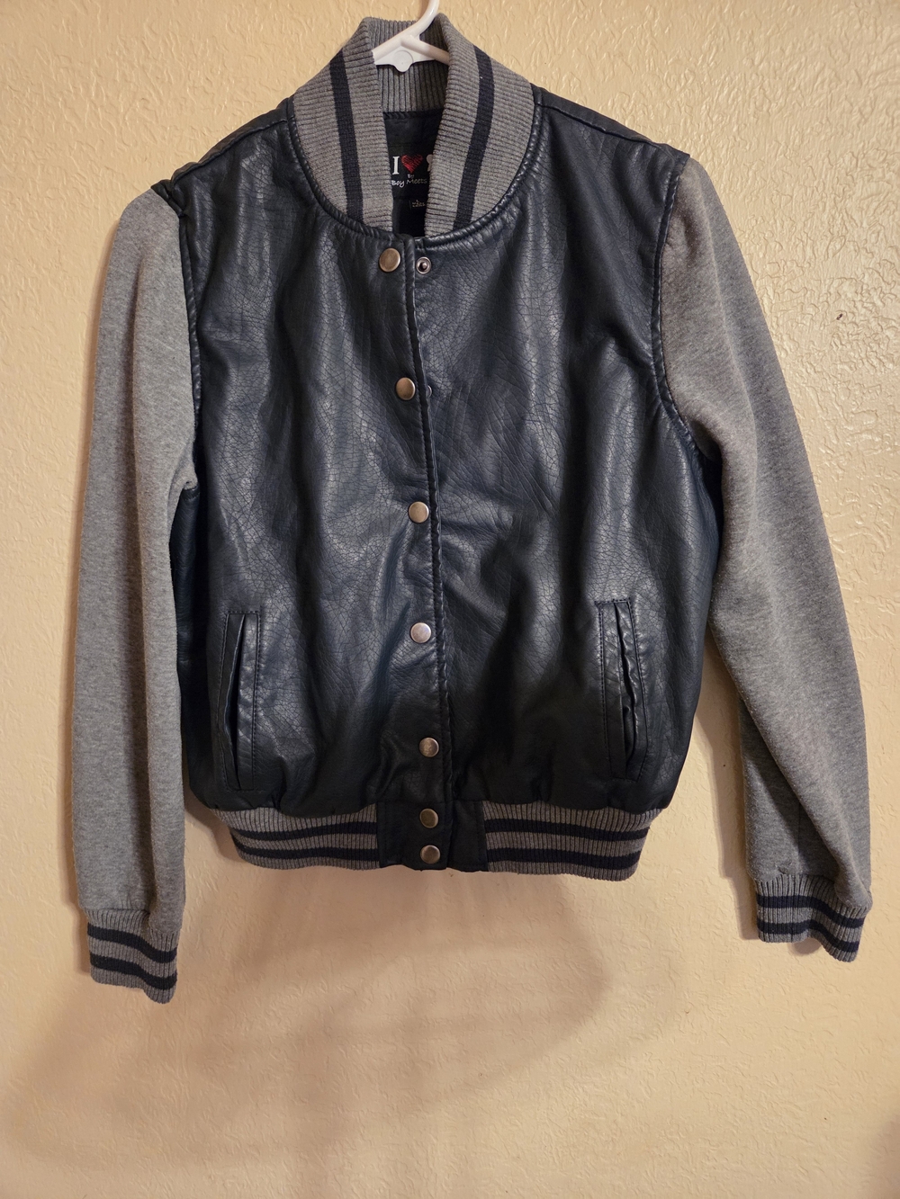 Boy Meets Girl Navy Faux Leather & Gray Sleeve Varsity Jacket L